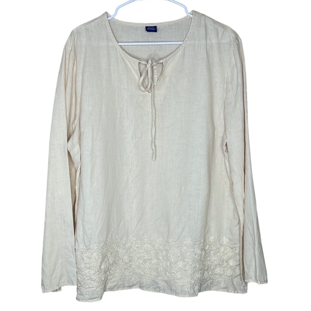 High Sierra 100% Linen Embroidered Tunic Top Long Sleeve Beige Boho‎ Size L